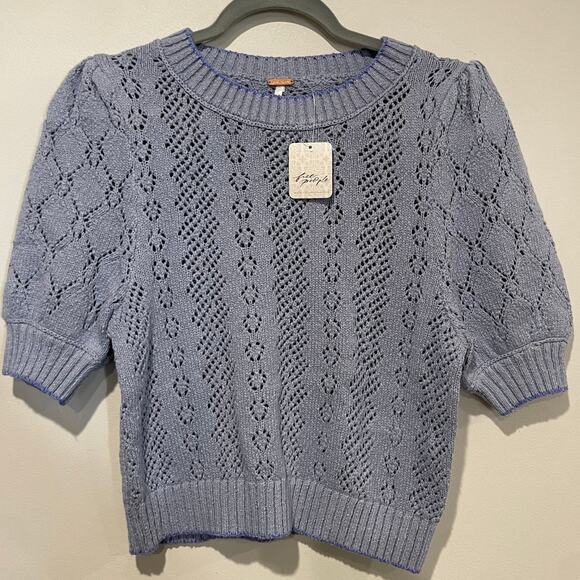NWT Free People Eloise Puff Sleeve Pullover Sweater Falling Water Combo Women XS - Picture 3 of 6